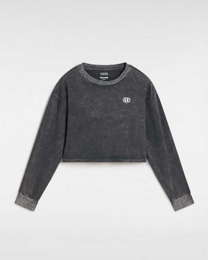 Black Women Vans Oval Wash Relaxed Long Sleeve Crop T Shirts NZ | VN0489723