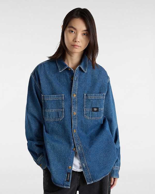 Blue Men Vans Stevens Denim Long Sleeve Shirts NZ | VN9470268