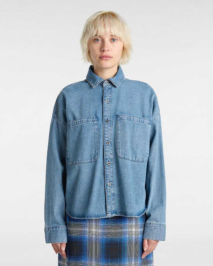 Blue Women Vans Antica Boxy Denim Long Sleeve Shirts NZ | VN5934267