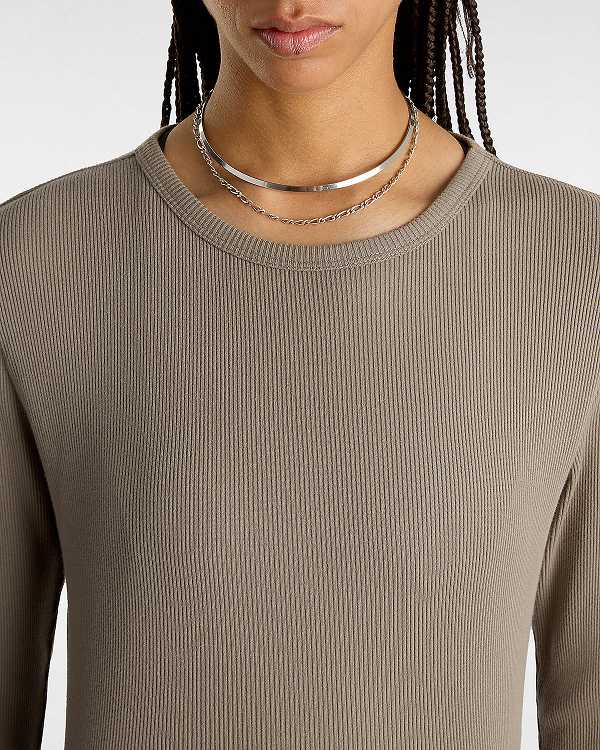 Brown Women Vans Drew Rib Long Sleeve Top T Shirts NZ | VN6143582